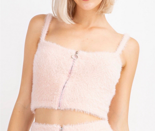 Light Fuzzy Center Ring Zipper Spaghetti Strap Crop Top