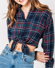 Load image into Gallery viewer, Plaid Tie Front Flannel Longsleeve Cropped Shirt