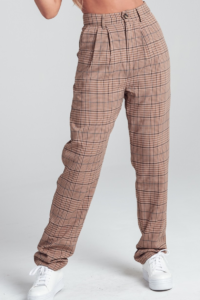 Plaid Pattern Pin Tucked High Waist Pockets Trouser Pants