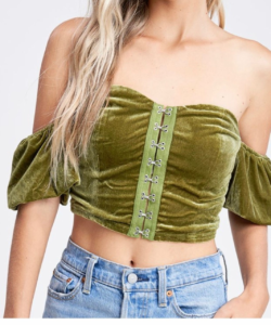 Velvet Hook and Eye Balloon Sleeve Crop Top