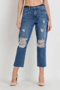 Medium Denim 5 Pocket Distressed High Waist Mom Jeans