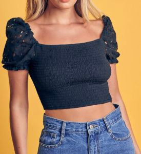 Balloon Lace Short Sleeve Smocked Crop Top