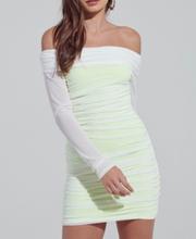 Load image into Gallery viewer, Neon Lining Color Block Ruched Off The Shoulder Long Sleeve Mini Dress