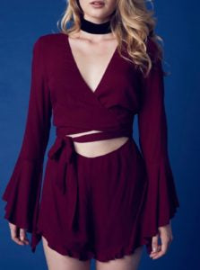 Bell Sleeve Tie Front Midriff Cut Out Romper