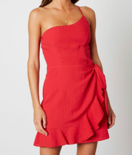 Load image into Gallery viewer, One Shoulder Faux Wrap Ruffle Hem Dress