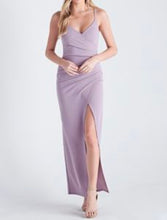 Load image into Gallery viewer, V Neck Spaghetti Strap Side Slit Faux Wrap Ruched Maxi Dress