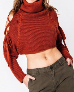 Turtleneck Open Shoulder Lace Up Cropped Cable Knit Sweater