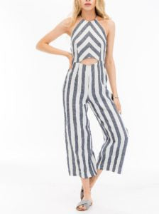 Chambray Cut Out Striped Halter Jumpsuit