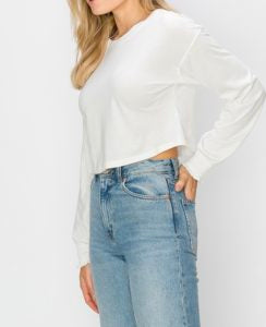 Crew Neck Smocked Cuff Long Sleeve Drop Shoulder Crop Top