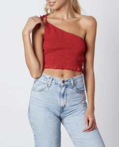 Smocked One Shoulder Tie Shoulder Crop Top
