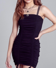 Load image into Gallery viewer, Black Ruched Tie Mini Dress