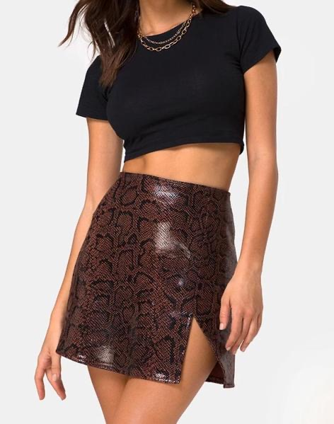 Snake Print Eco Leather Slit Mini Skirt