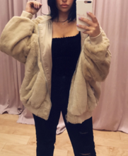 Load image into Gallery viewer, Reversible Fur Satin Hooded Bomber Jacket