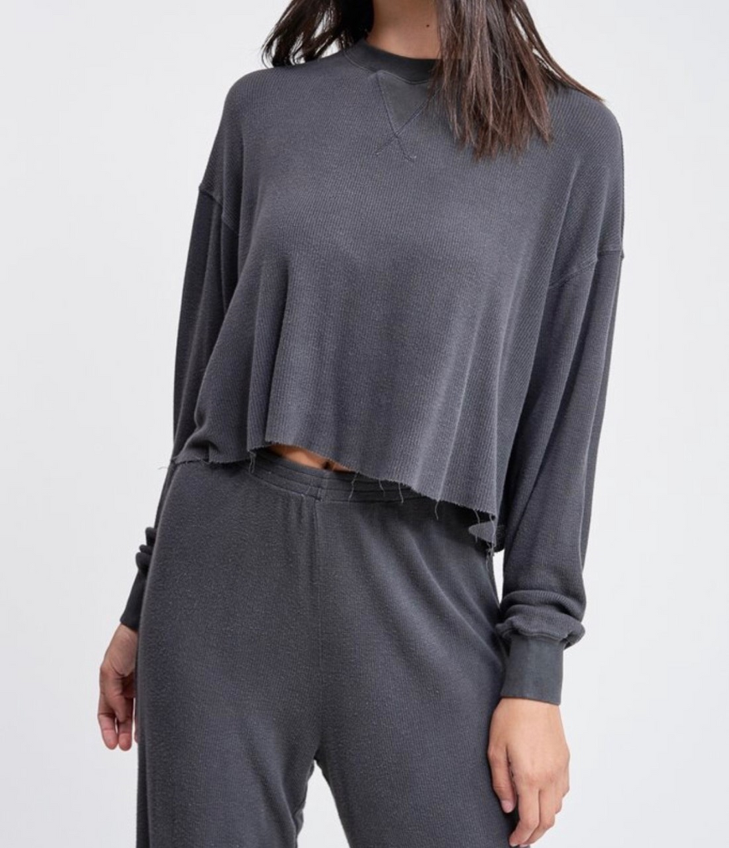 Raw Edge Long Sleeve Dropped Shoulder Waffle Top