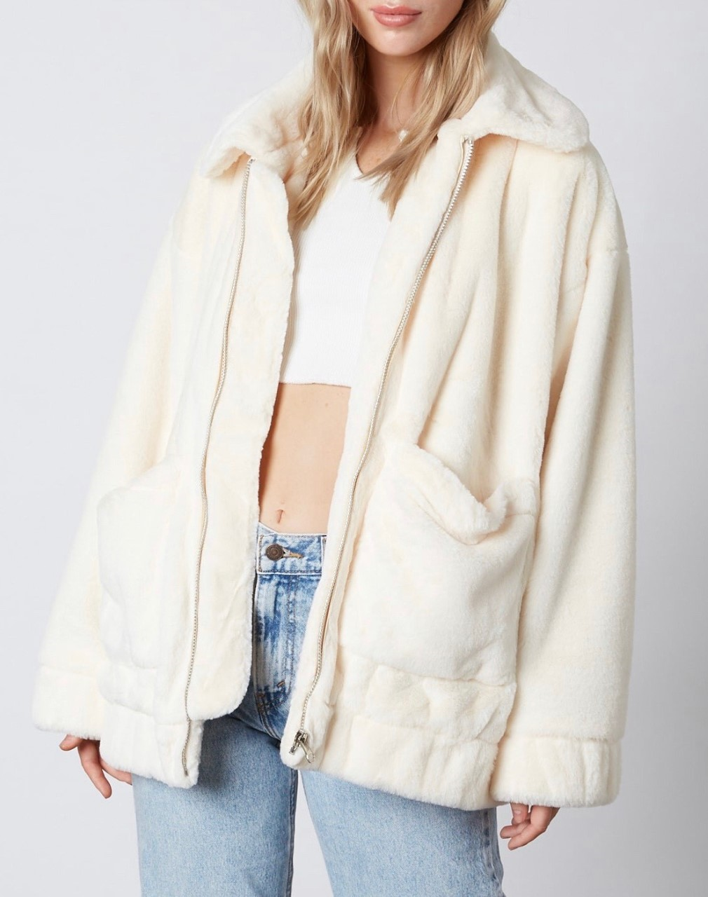Faux Fur Patch Pocket Collared Coat