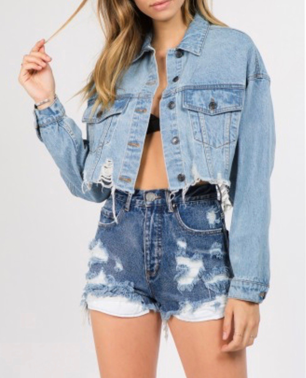 Drop shoulder ripped discount crop denim jacket