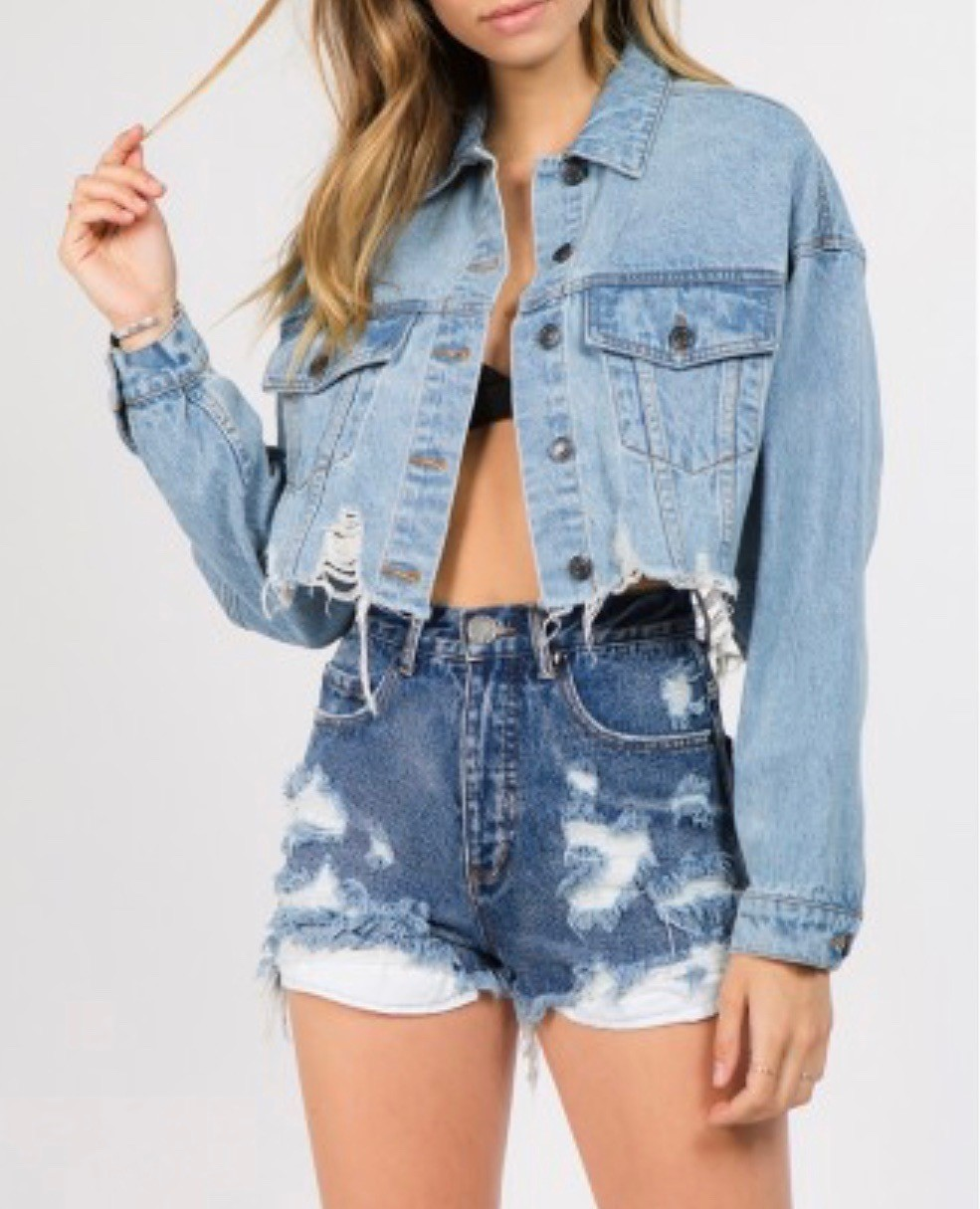 Jean Cropped Drop Shoulder Distressed Hem Denim Jacket