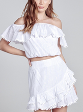 Load image into Gallery viewer, Swiss Dot Flounce Macrame Applique Off the Shoulder Crop Top