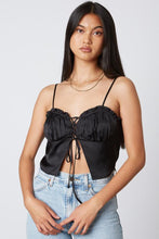 Load image into Gallery viewer, Satin Ruffle Lace Up Split Peasant Crop Top