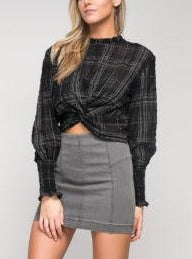 Plaid Twist Front Long Ruched Sleeve Sheer Top