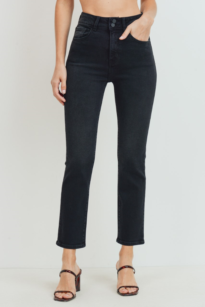 Washed High Waist Straight Leg Double Button Jean