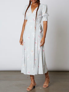 Short Sleeve Abstract Print A Line Wrap Midi Dress