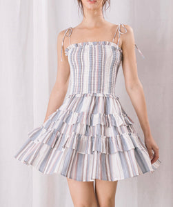 Vertical Stripe Smock Tier Mini Dress