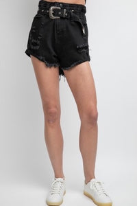 Paper Bag Side Roll Distressed Jean Shorts