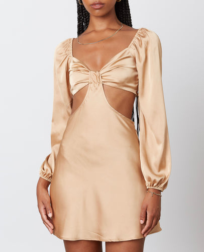 Long Sleeve Satin Cut Out Smock Back Mini Dress