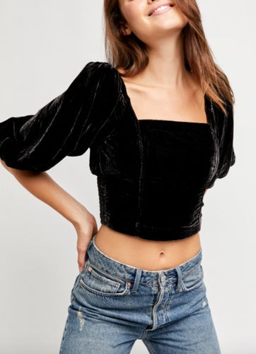 Velvet Open Back Balloon Sleeve Crop Top