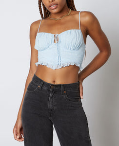 Peasant Key Hole Tie Ruffle Hem Crop Top