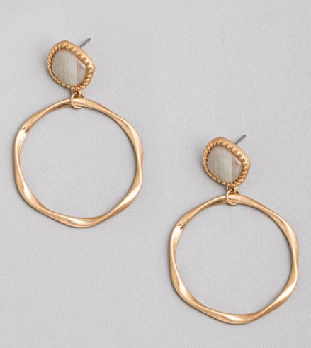 Gold Stone Circle Hoop Drop Earrings