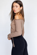 Load image into Gallery viewer, Long Sleeve Lettuce Off the Shoulder Rib Side Ruch Tie Crop Top