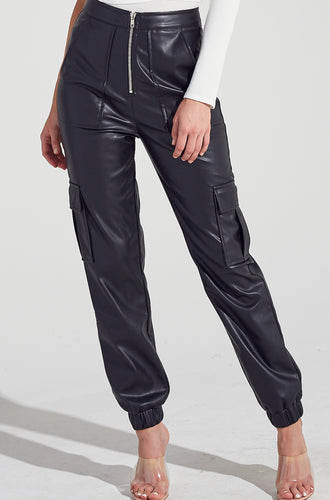 Leather Four Pocket Cargo Zipper Fly Jogger Pants