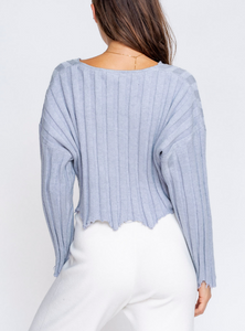 Long Sleeve Rib V Neck Distressed Cropped Sweater