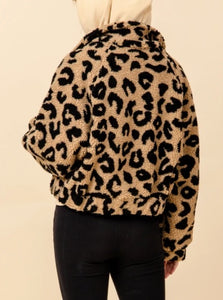Leopard Kangaroo Pocket Zipper Teddy Coat