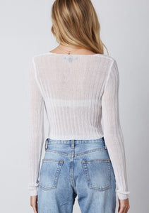 V Neck Pearl Button Ribbed Long Sleeve Cropped Sweater