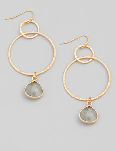 Hammered Circle Semi Precious Stone Drop Earrings