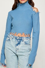 Load image into Gallery viewer, Cold Shoulder Distressed Turtleneck Sweater