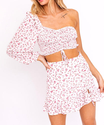 Floral Ruch Smock One Shoulder Crop Top
