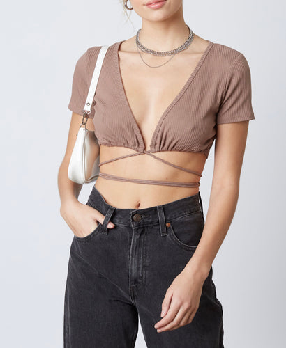 Short Sleeve Rib Tie Crop Top
