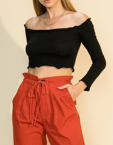 Rib Lettuce Long Sleeve Off the Shoulder Crop Top