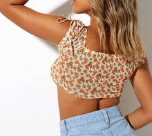 Load image into Gallery viewer, Floral Off the Shoulder Short Sleeve Tie Ruch Crop Top