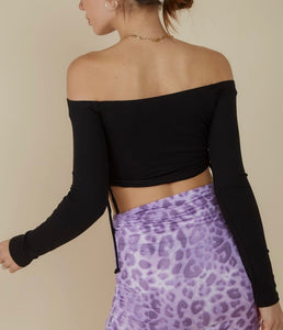 Rib Long Sleeve Off the Shoulder Side Cut Out Tie Crop Top