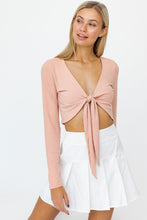 Load image into Gallery viewer, Long Sleeve Rib V Neck Tie Crop Top