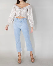 Load image into Gallery viewer, Smock Key Hole Tie Floral Long Sleeve Crop Top