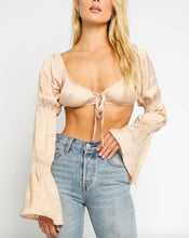 Load image into Gallery viewer, Satin Tie Puff Bell Sleeve Sweetheart Crop Top
