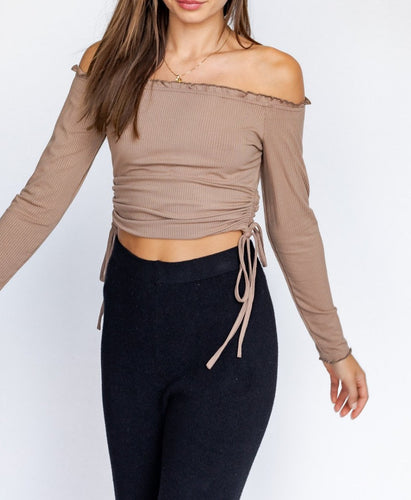Long Sleeve Lettuce Off the Shoulder Rib Side Ruch Tie Crop Top