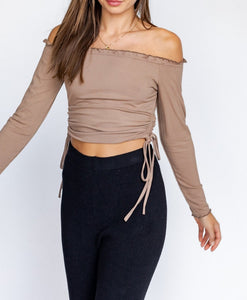 Long Sleeve Lettuce Off the Shoulder Rib Side Ruch Tie Crop Top