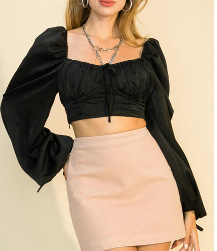 Lantern Sleeve Tie Front Crop Top